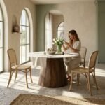 PRITI 48″ Round Marble Dining Table (Marble Top & Wooden Base)