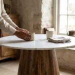 PRITI 48″ Round Marble Dining Table (Marble Top & Wooden Base)