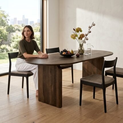 PRITI Natural Wooden 200cm Curved Dining Table, Seats 4-6 (Solid Wood)