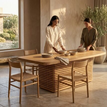 PRITI Rectangular Dining Table (Solid Wood with cane )