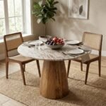 PRITI Round Marble Top Solid Wood Base Dining Table - Image 2