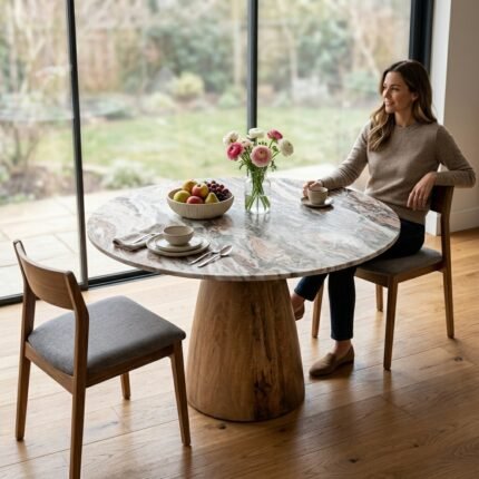PRITI Round Marble Top Solid Wood Base Dining Table
