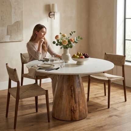 PRITI Round Marble Top Solid Wood Base Dining Table