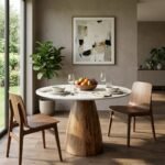 PRITI Round Marble Top Solid Wood Base Dining Table - Image 2