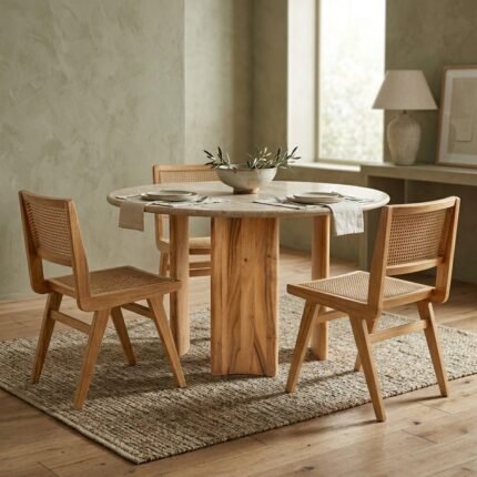 PRITI Round Stone Top Solid Wood Base Dining Table