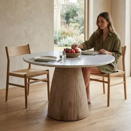 Round Marble Top Solid Wood Base Dining Table - PRITI