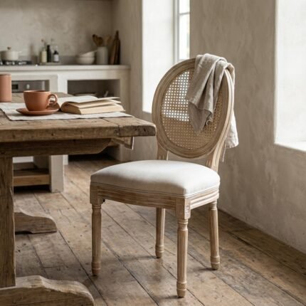 PRITI Wood Dining Chair with Rattan Back Rest & Off White Seating