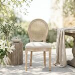 PRITI Wood Dining Chair with Rattan Back Rest & Off White Seating
