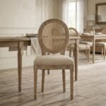 PRITI Wood Dining Chair with Rattan Back Rest & Off White Seating - Image 3