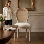 PRITI Wood Dining Chair with Rattan Back Rest & Off White Seating - Image 2