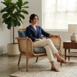 PRITI Lounge Chair with Charcoal Grey Fabric and Rattan (Cane with Wood )