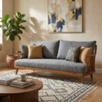PRITI Sofa with Charcoal Grey Fabric, Three Seater (Solid Wood )