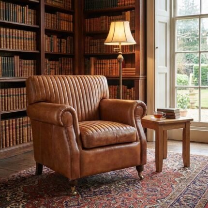 PRITI Ribbed Leather Armchair - Aged Tan