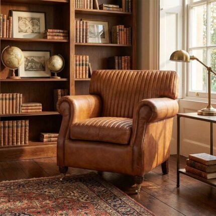 PRITI Ribbed Leather Armchair - Aged Tan