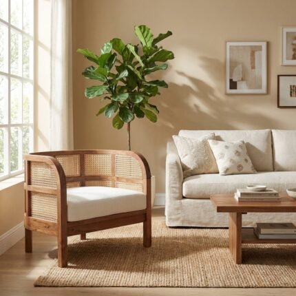 PRITI Upholstered Barrel Chair (Solid Wood with Cane )