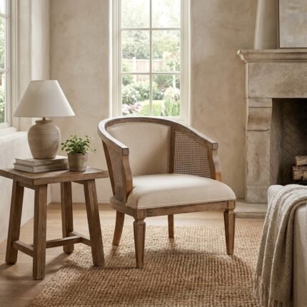 PRITI Wooden and Upholstered Cane Accent Chair (Solid Wood )