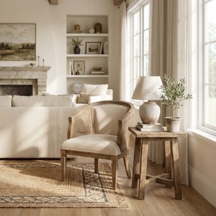 PRITI Wooden and Upholstered Cane Accent Chair (Solid Wood )