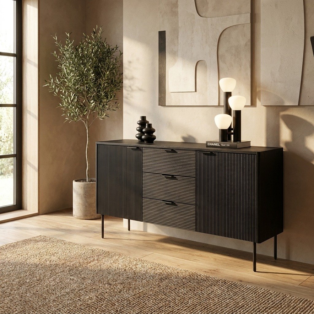 PRITI Black 3 Drawers & 2 Doors Sideboard (Solid Wood ) PRITI Black 3 Drawers & 2 Doors Sideboard (Solid Wood )