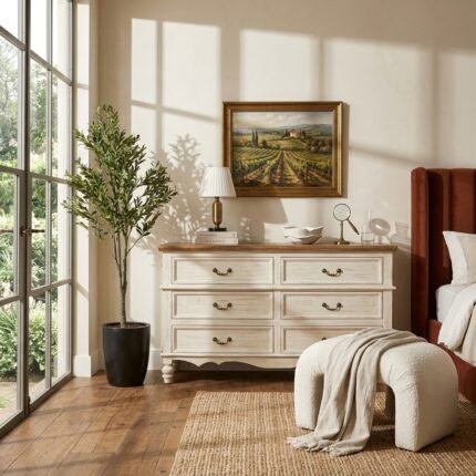 PRITI Six Drawers White Sideboard (Solid Wood )