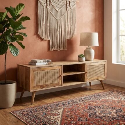 PRITI Rattan 2 Doors TV Console (Solid Wood & Cane )