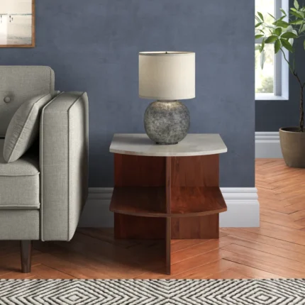 PRITI Wood and marble Brown 20" Half Round Side Table - 20" x 20" x 20"