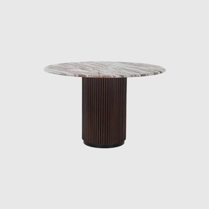 PRITI Brown Marble Round Dining Table with Wave Metal Base, Seats 4