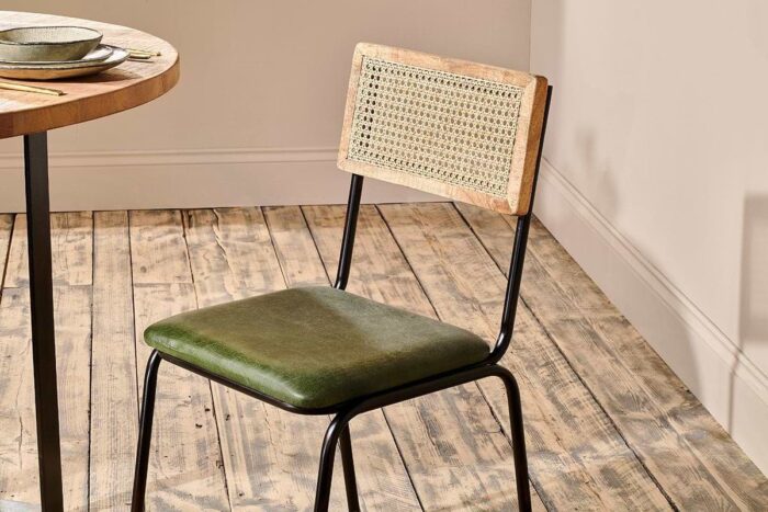 PRITI Leather & Cane Dining Chair - Green