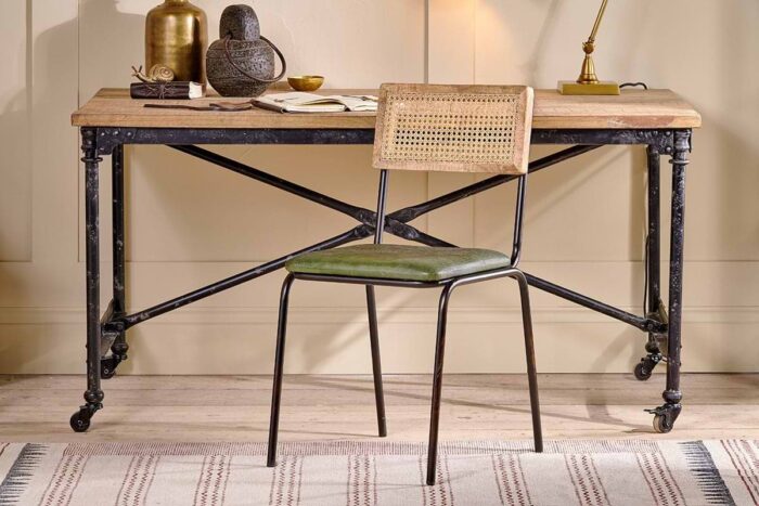 PRITI Leather & Cane Dining Chair - Green