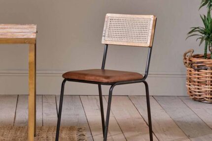 PRITI Leather & Cane Dining Chair - Tan