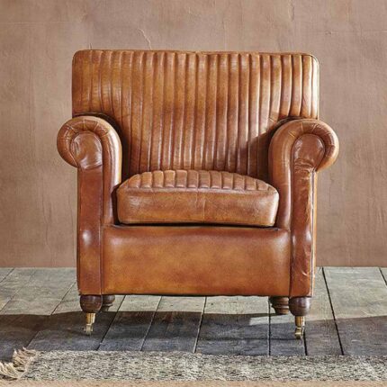 PRITI Ribbed Leather Armchair - Aged Tan