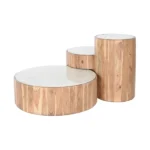 PRITI Set of 3 Carved Solid Wood and White Marble Coffee Tables