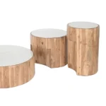 PRITI Set of 3 Carved Solid Wood and White Marble Coffee Tables