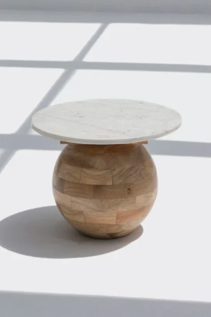 PRITI Round Marble-Top Wooden Side Table