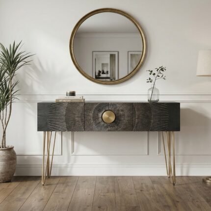 PRITI Console in Black and Gold Wood & Metal Legs