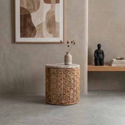 PRITI Handicraft Carved Side Table (Solid Wood)
