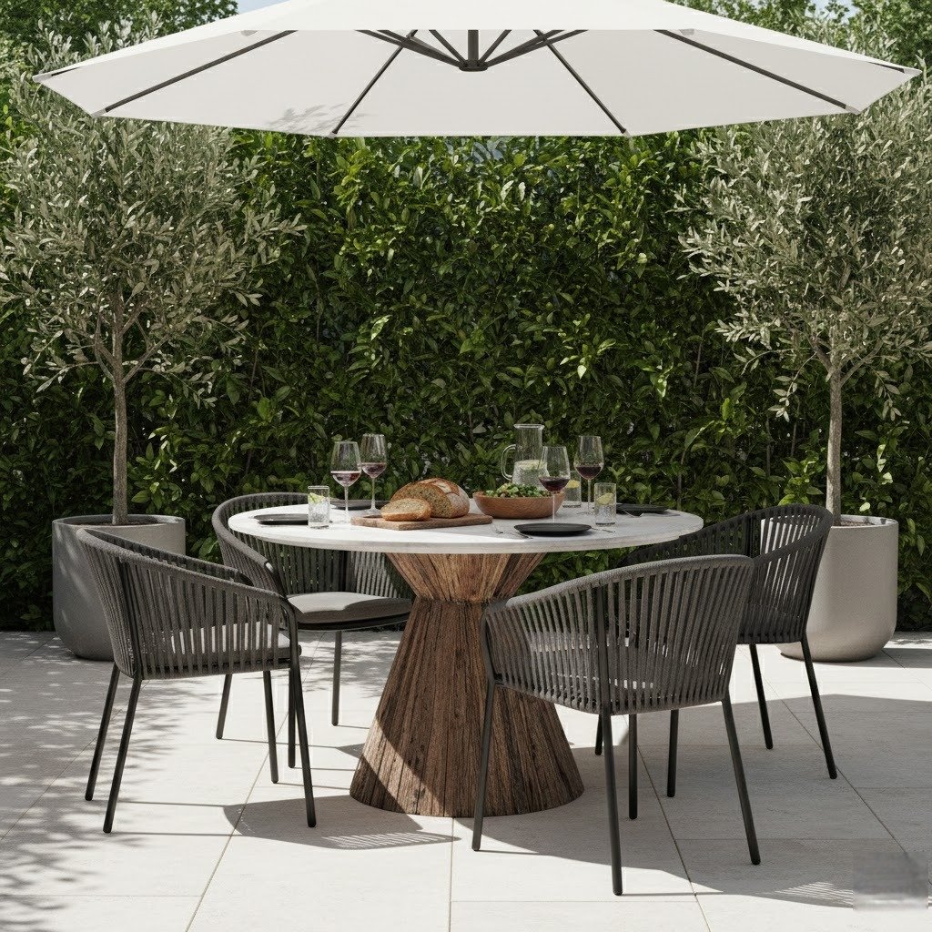 PRITI Round Marble Top with Wooden Legs Dining Table PRITI Round Marble Top with Wooden Legs Dining Table