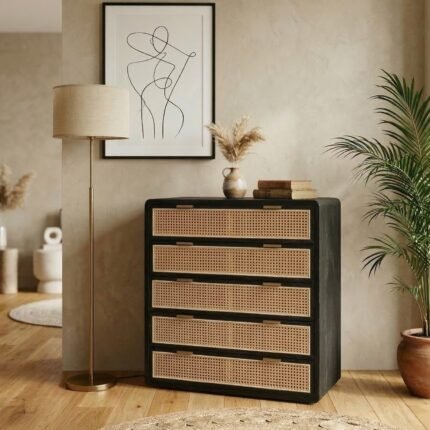PRITI Chest 5 Drawers Black Wood with cane