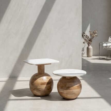 PRITI Square Marble-Top Wooden Side Table