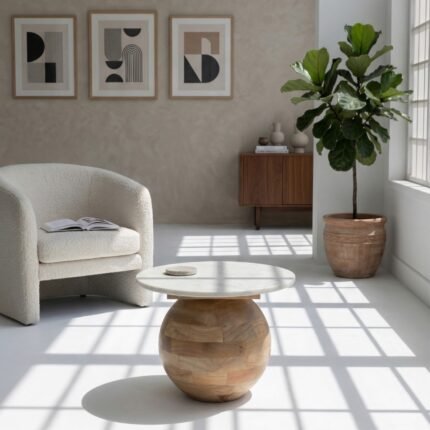 Round Marble-Top Wooden Side Table – PRITI