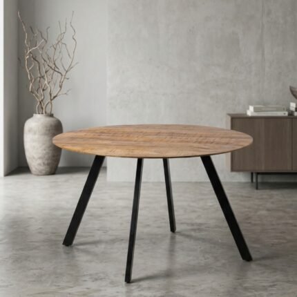 PRITI Loft Design Round Table Natural Wood and Black Metal