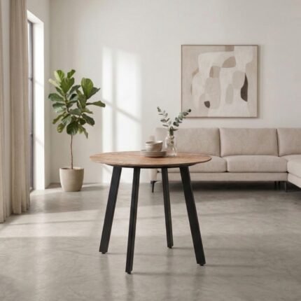 PRITI Small Round Loft Table Natural Wood and Black Metal