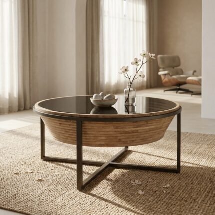 PRITI Round Coffee Table Wood, Glass and Metal