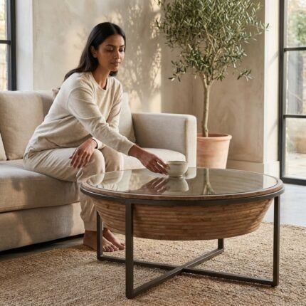 PRITI Round Coffee Table Wood, Glass and Metal