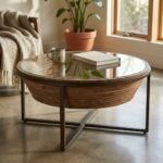 PRITI Round Coffee Table Wood, Glass and Metal - Image 4