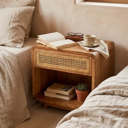 PRITI Bedside Table (Solid Mango Wood & cane )