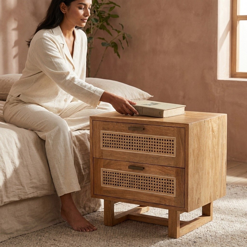 PRITI Bedside Table (Wood with Cane ) PRITI Bedside Table (Wood with Cane )