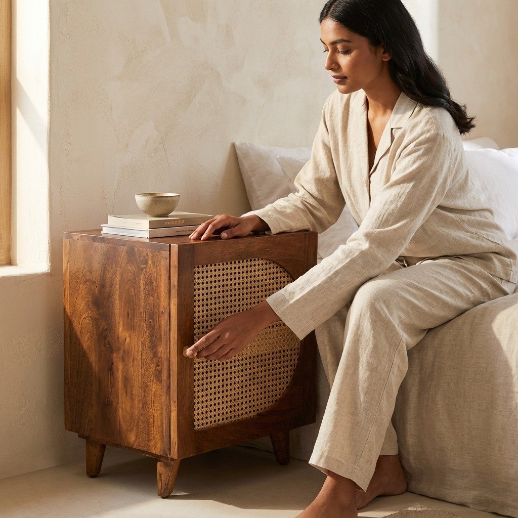 PRITI Wooden Bedside Table (Wood with cane ) PRITI Wooden Bedside Table (Wood with cane )