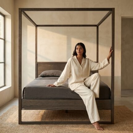 PRITI 4-Poster Bed (Black Solid Wood)