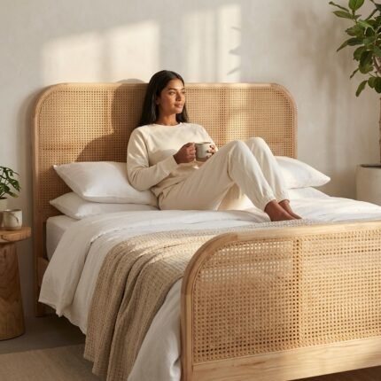 PRITI Bed of Woven Rattan (Mango Wood with Cane )