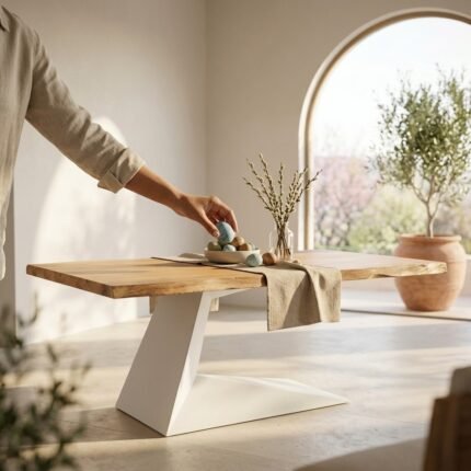 Contemporary Dining Table in Solid Wood and White Metal Home Decor – PRITI